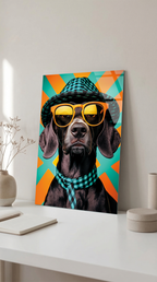 Retro Stil Gözlüklü ve Şapkalı Köpek Cam Tablo | Vitraum