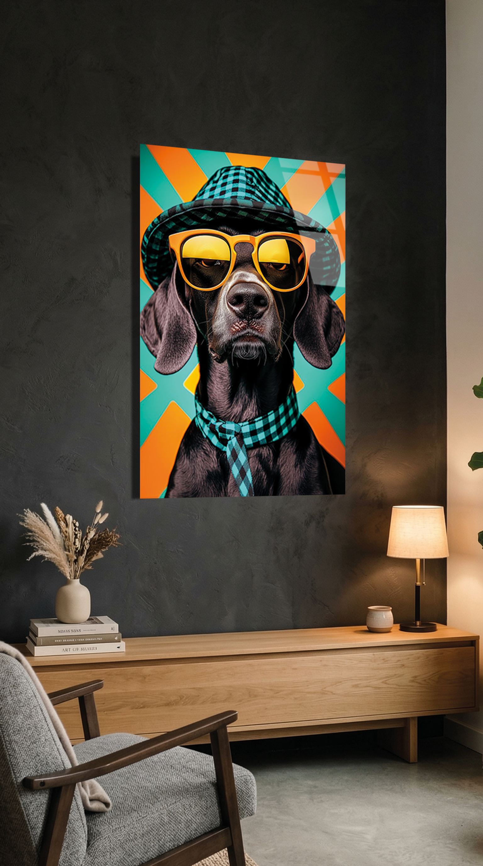Retro Stil Gözlüklü ve Şapkalı Köpek Cam Tablo | Vitraum