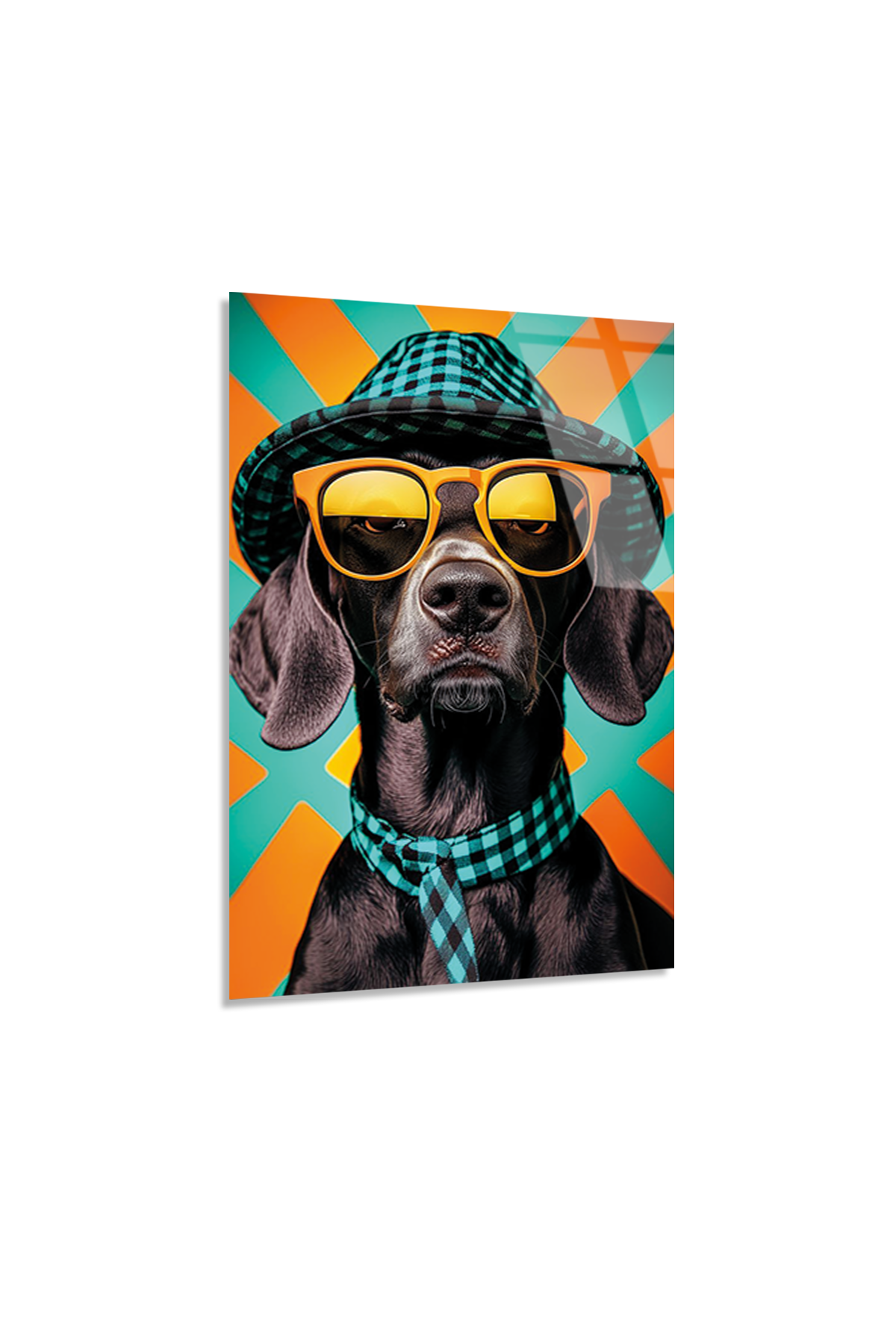 Retro Stil Gözlüklü ve Şapkalı Köpek Cam Tablo | Vitraum