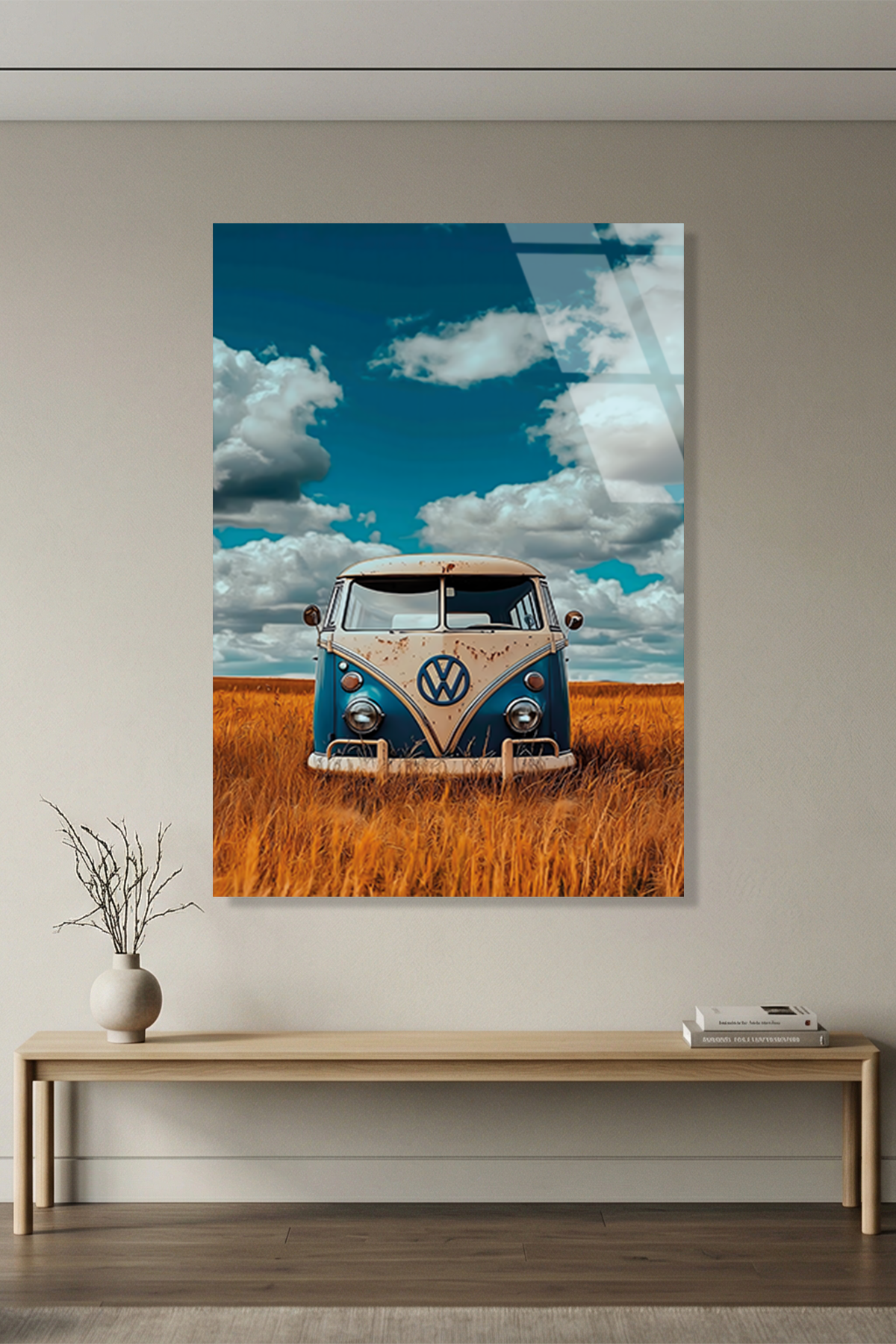 Retro Volkswagen Minibüs ve Buğday Tarlası Cam Tablo
