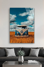 Retro Volkswagen Minibüs ve Buğday Tarlası Cam Tablo