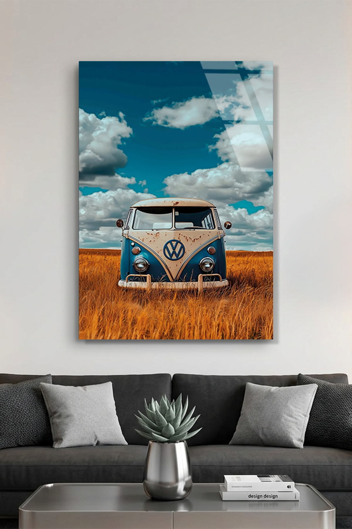 Retro Volkswagen Minibüs ve Buğday Tarlası Cam Tablo