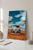 Retro Volkswagen Minibüs ve Buğday Tarlası Cam Tablo