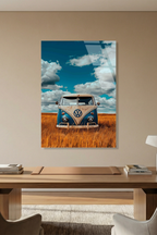 Retro Volkswagen Minibüs ve Buğday Tarlası Cam Tablo