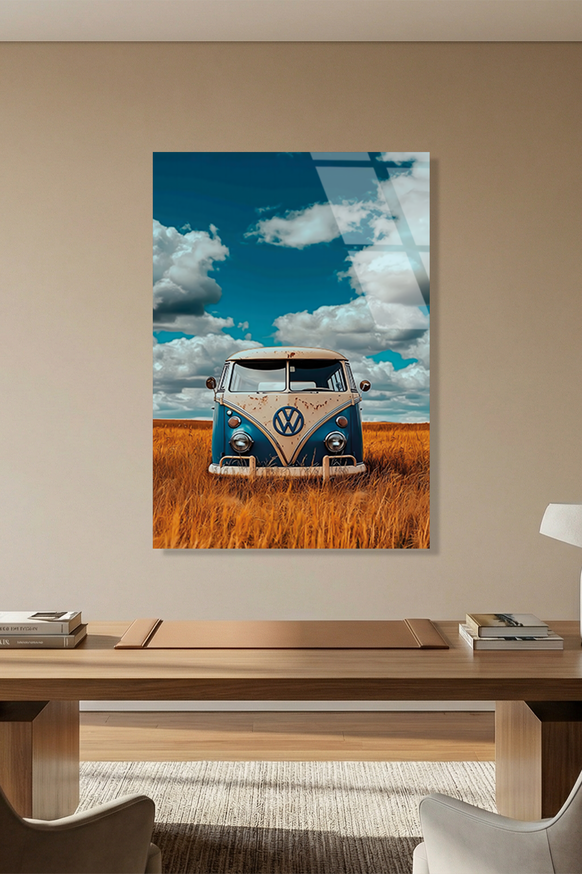 Retro Volkswagen Minibüs ve Buğday Tarlası Cam Tablo