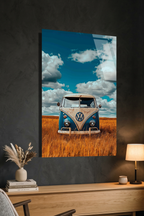Retro Volkswagen Minibüs ve Buğday Tarlası Cam Tablo