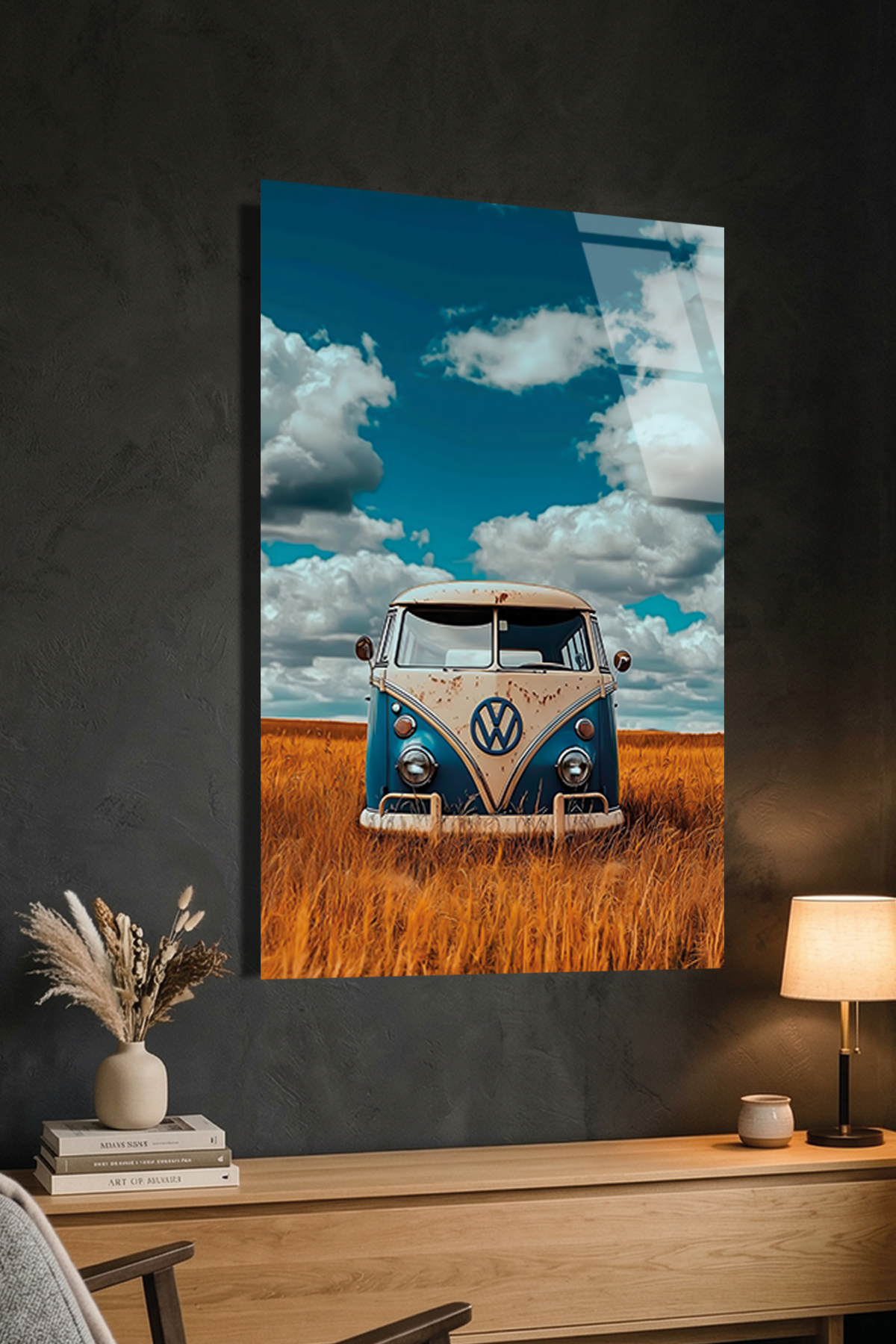 Retro Volkswagen Minibüs ve Buğday Tarlası Cam Tablo