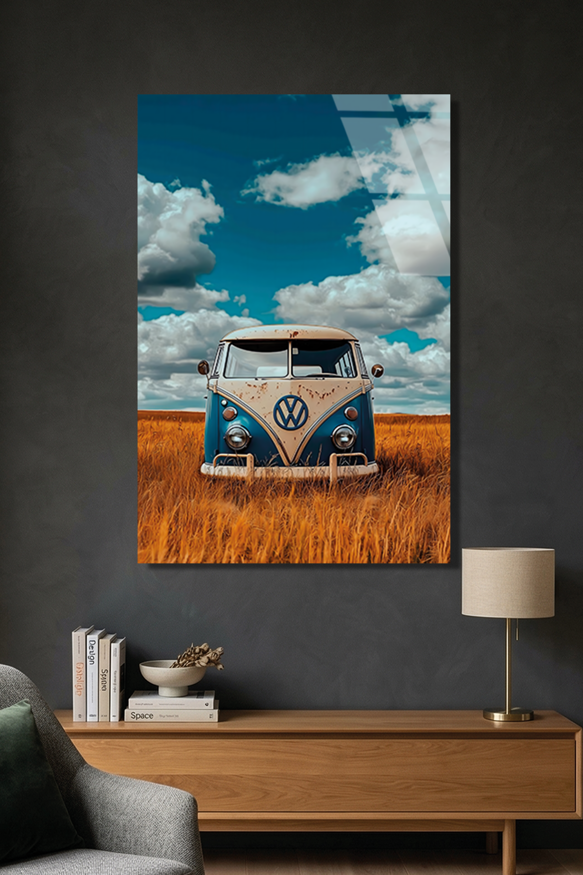 Retro Volkswagen Minibüs ve Buğday Tarlası Cam Tablo