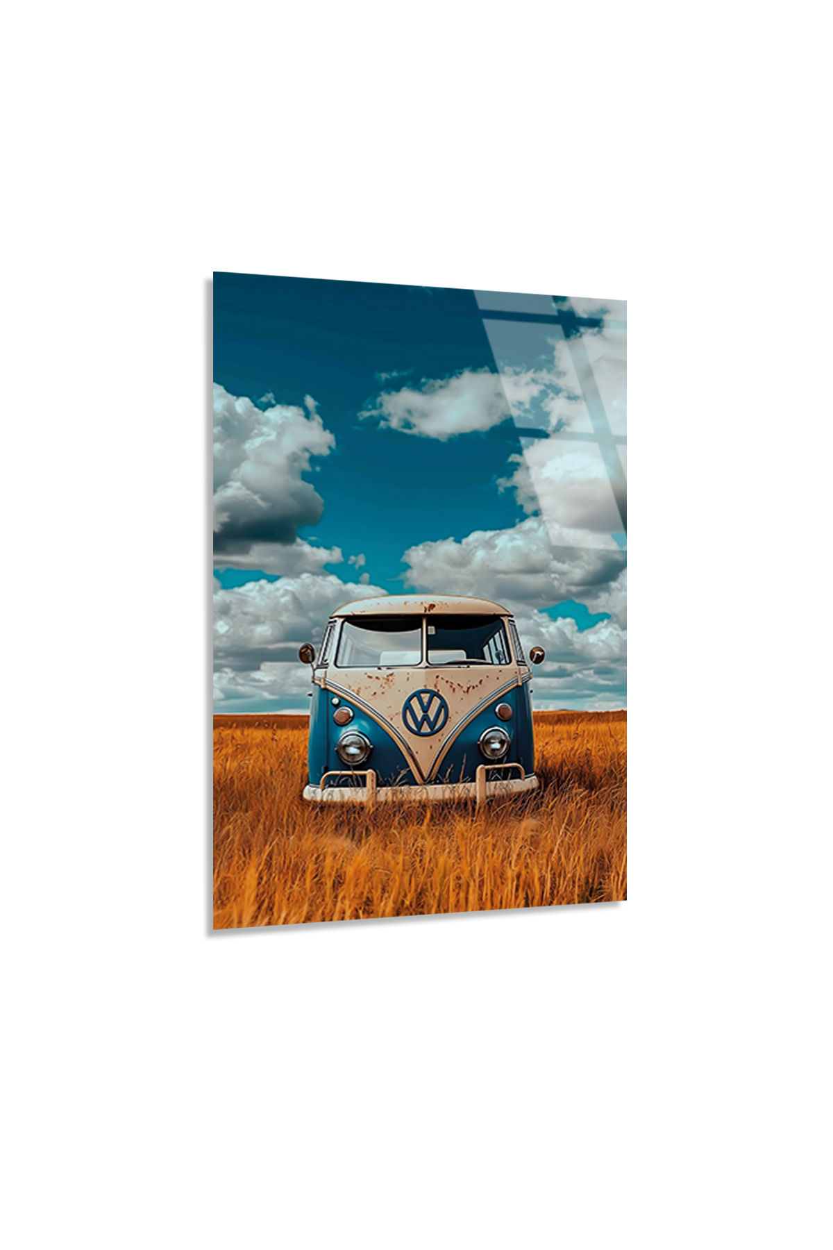Retro Volkswagen Minibüs ve Buğday Tarlası Cam Tablo