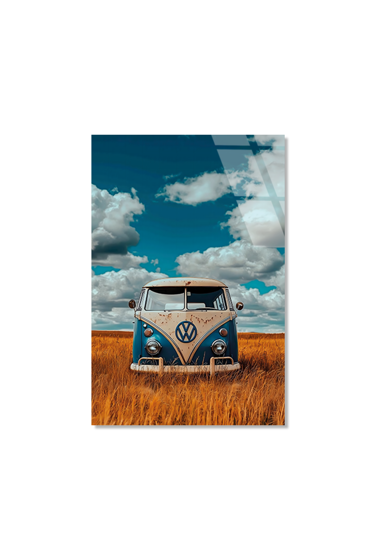 Retro Volkswagen Minibüs ve Buğday Tarlası Cam Tablo