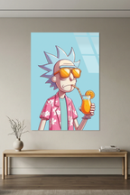 Rick and Morty Tarzı Gözlüklü Karakter Kokteyl İllüstrasyon Cam Tablo