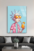 Rick and Morty Tarzı Gözlüklü Karakter Kokteyl İllüstrasyon Cam Tablo