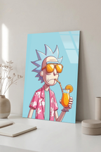 Rick and Morty Tarzı Gözlüklü Karakter Kokteyl İllüstrasyon Cam Tablo