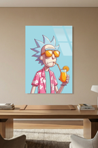 Rick and Morty Tarzı Gözlüklü Karakter Kokteyl İllüstrasyon Cam Tablo