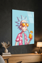 Rick and Morty Tarzı Gözlüklü Karakter Kokteyl İllüstrasyon Cam Tablo