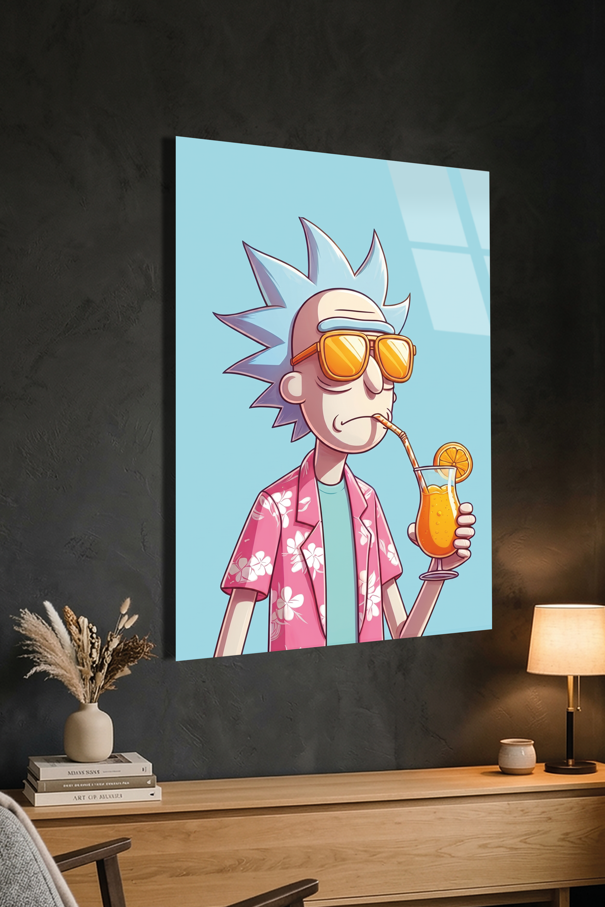 Rick and Morty Tarzı Gözlüklü Karakter Kokteyl İllüstrasyon Cam Tablo