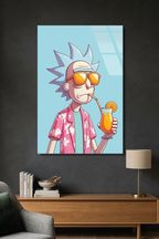 Rick and Morty Tarzı Gözlüklü Karakter Kokteyl İllüstrasyon Cam Tablo