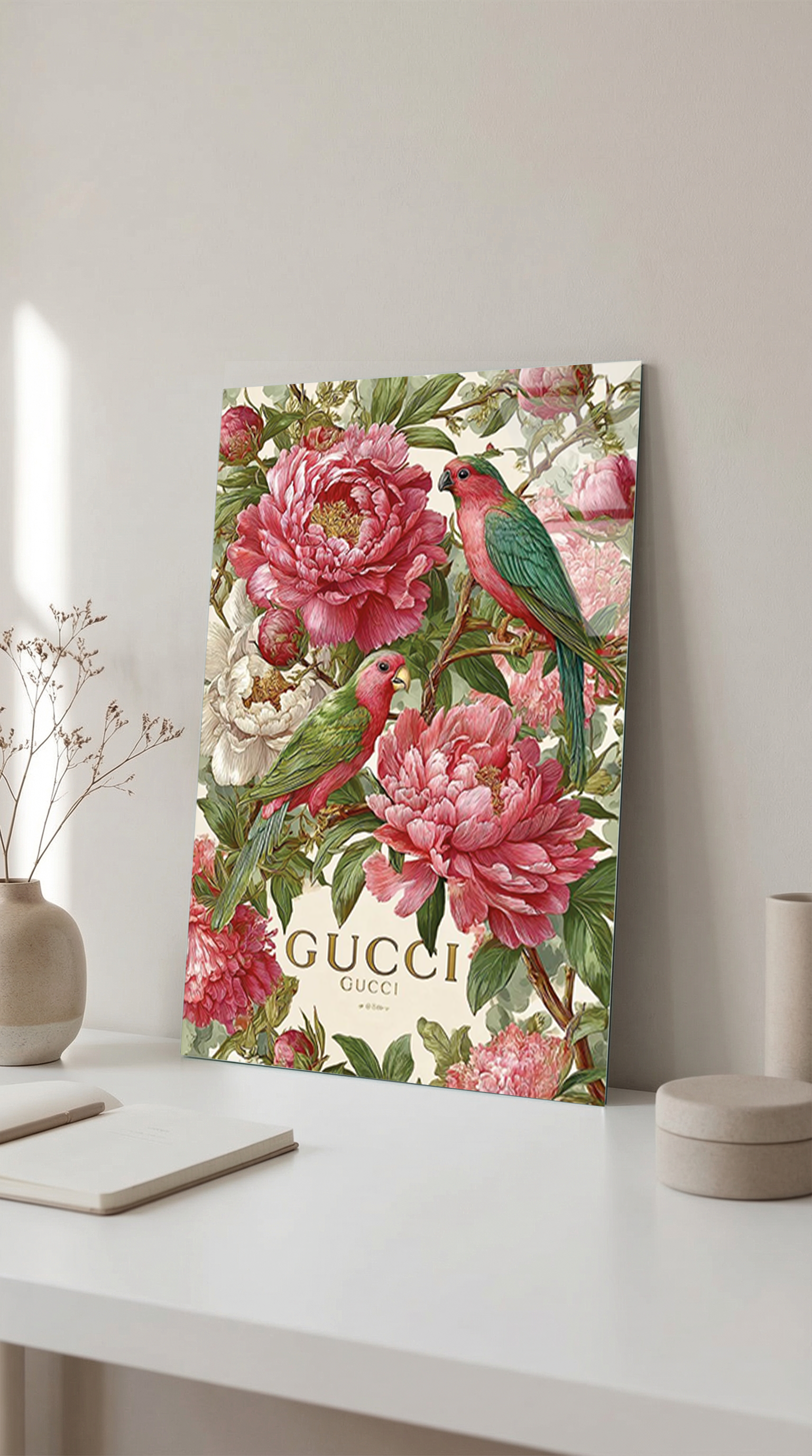 Romantik Pembe Gül Buketi Vintage Cam Tablo | Vitraum