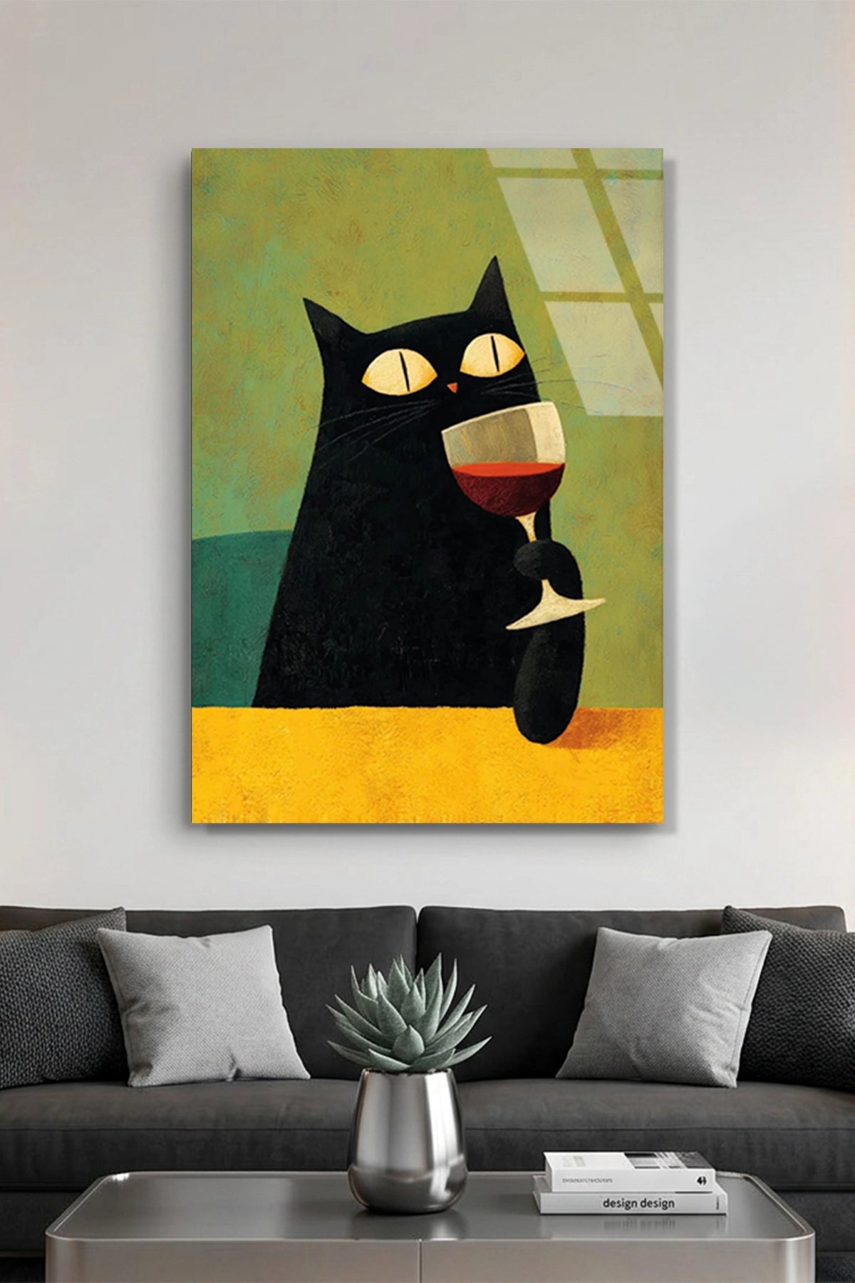 Şarap Kadehi Tutan Esprili ve Retro Kara Kedi Cam Tablo