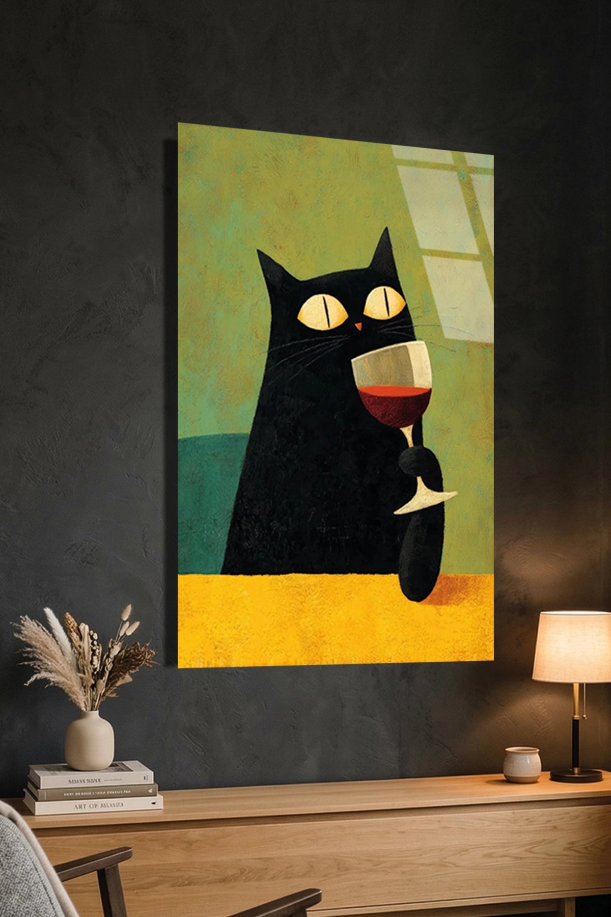 Şarap Kadehi Tutan Esprili ve Retro Kara Kedi Cam Tablo
