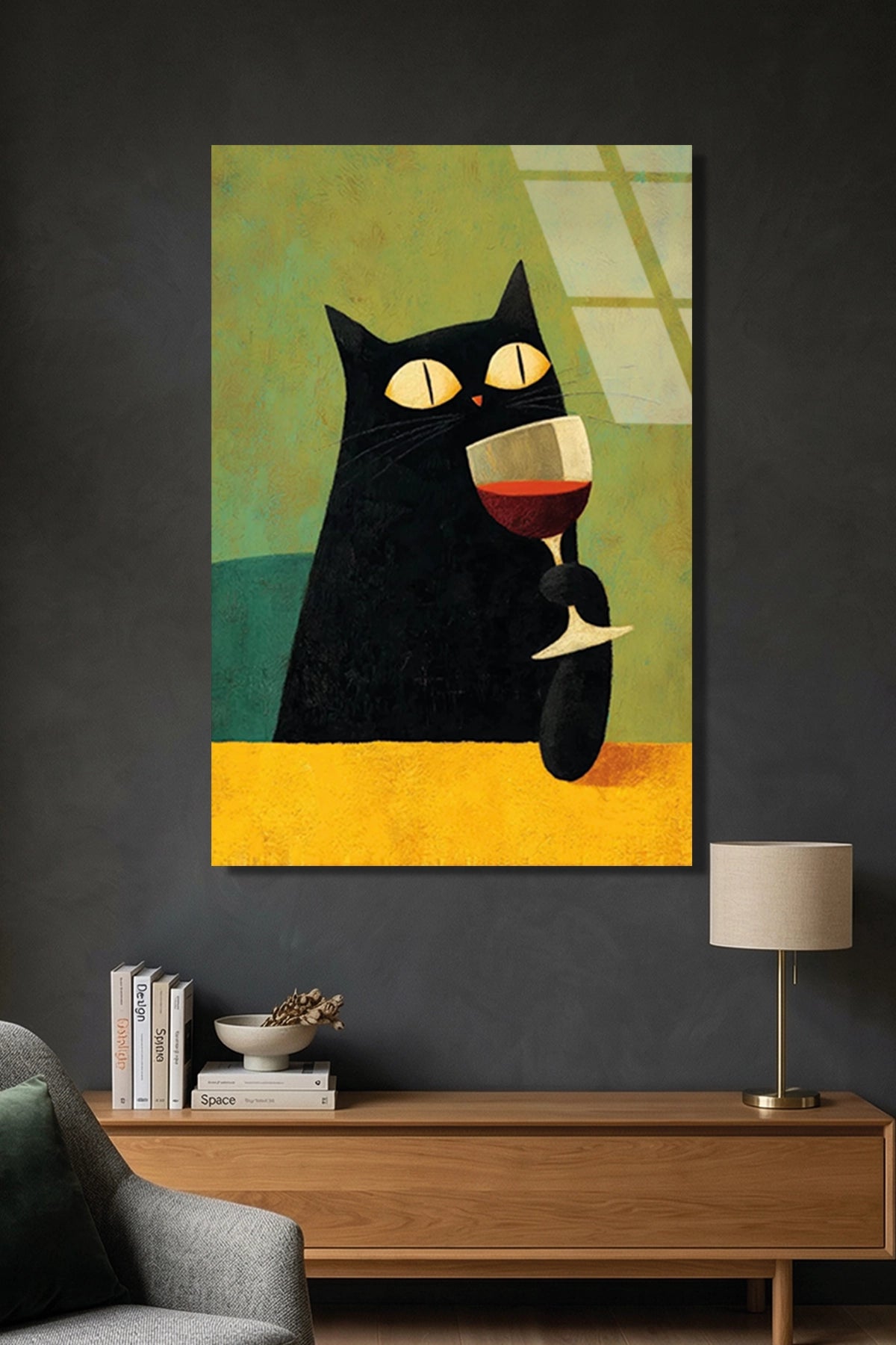 Şarap Kadehi Tutan Esprili ve Retro Kara Kedi Cam Tablo