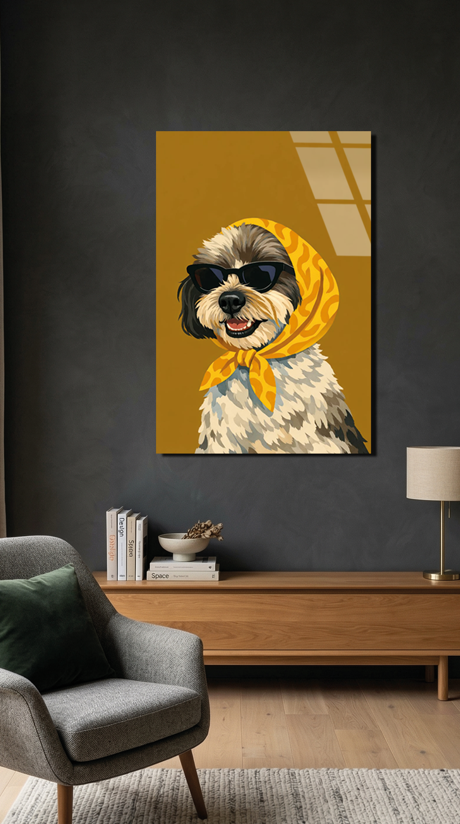 Sarı Fularlı Sevimli Köpek Cam Tablo | Vitraum