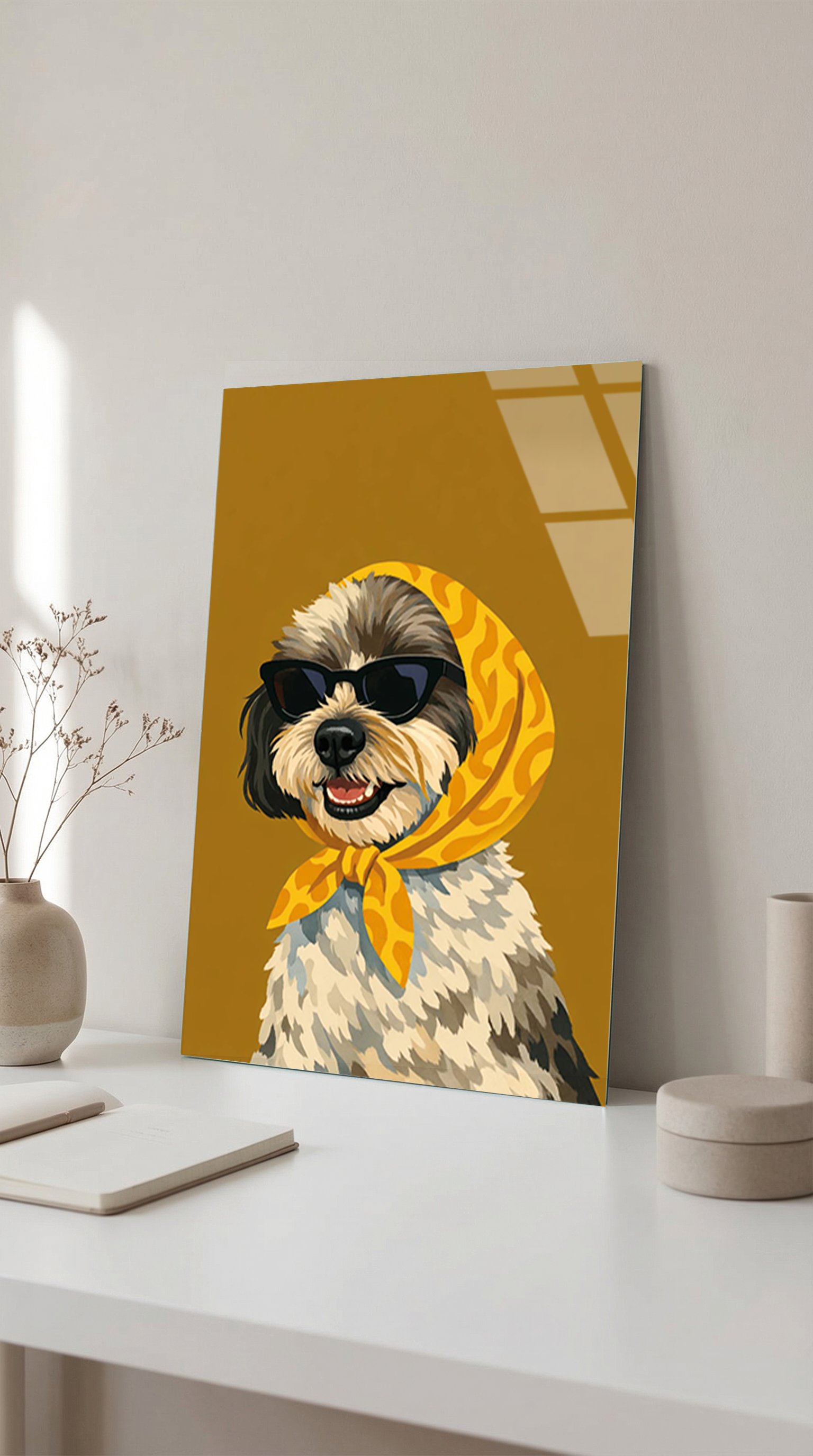 Sarı Fularlı Sevimli Köpek Cam Tablo | Vitraum