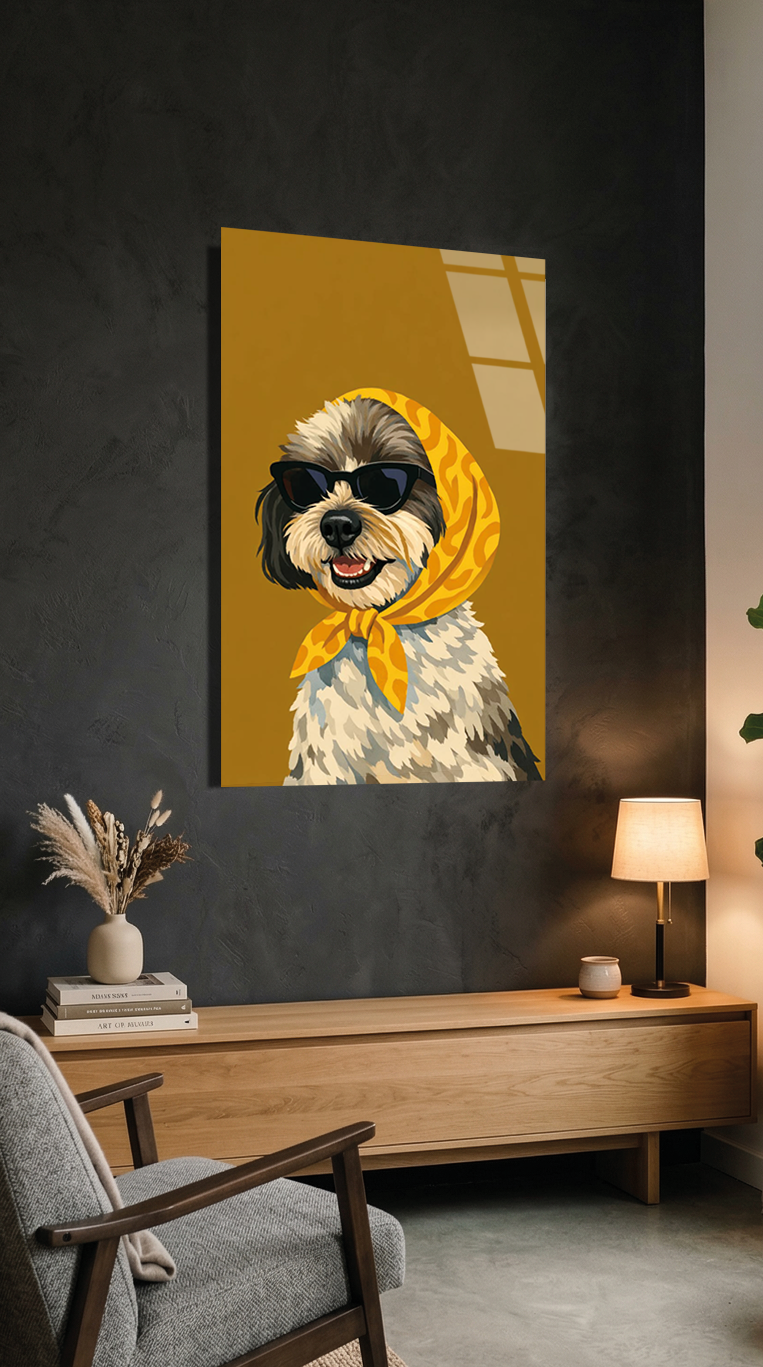 Sarı Fularlı Sevimli Köpek Cam Tablo | Vitraum