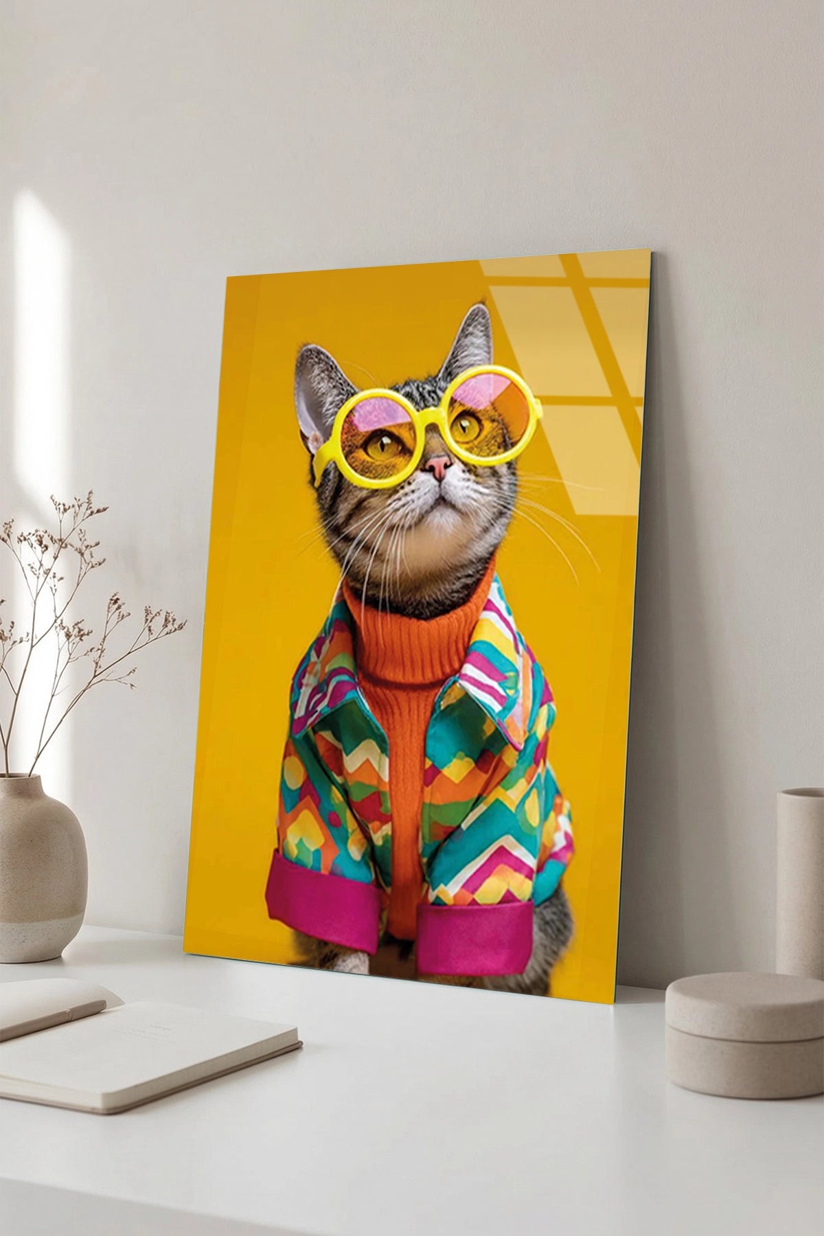 Sarı Gözlüklü ve Renkli Kazaklı Cool Tekir Kedi Cam Tablo