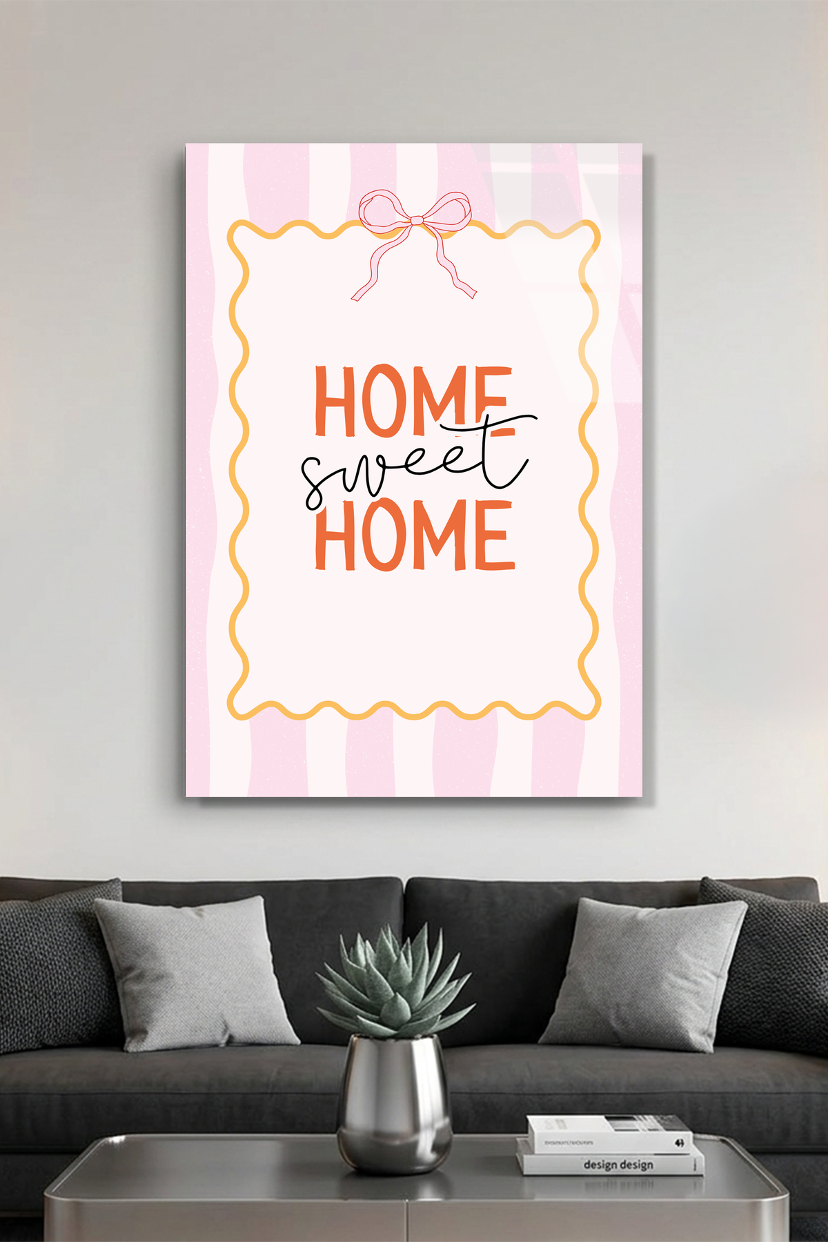 Sarı Pembe Çizgili "Home Sweet Home" Cam Tablo