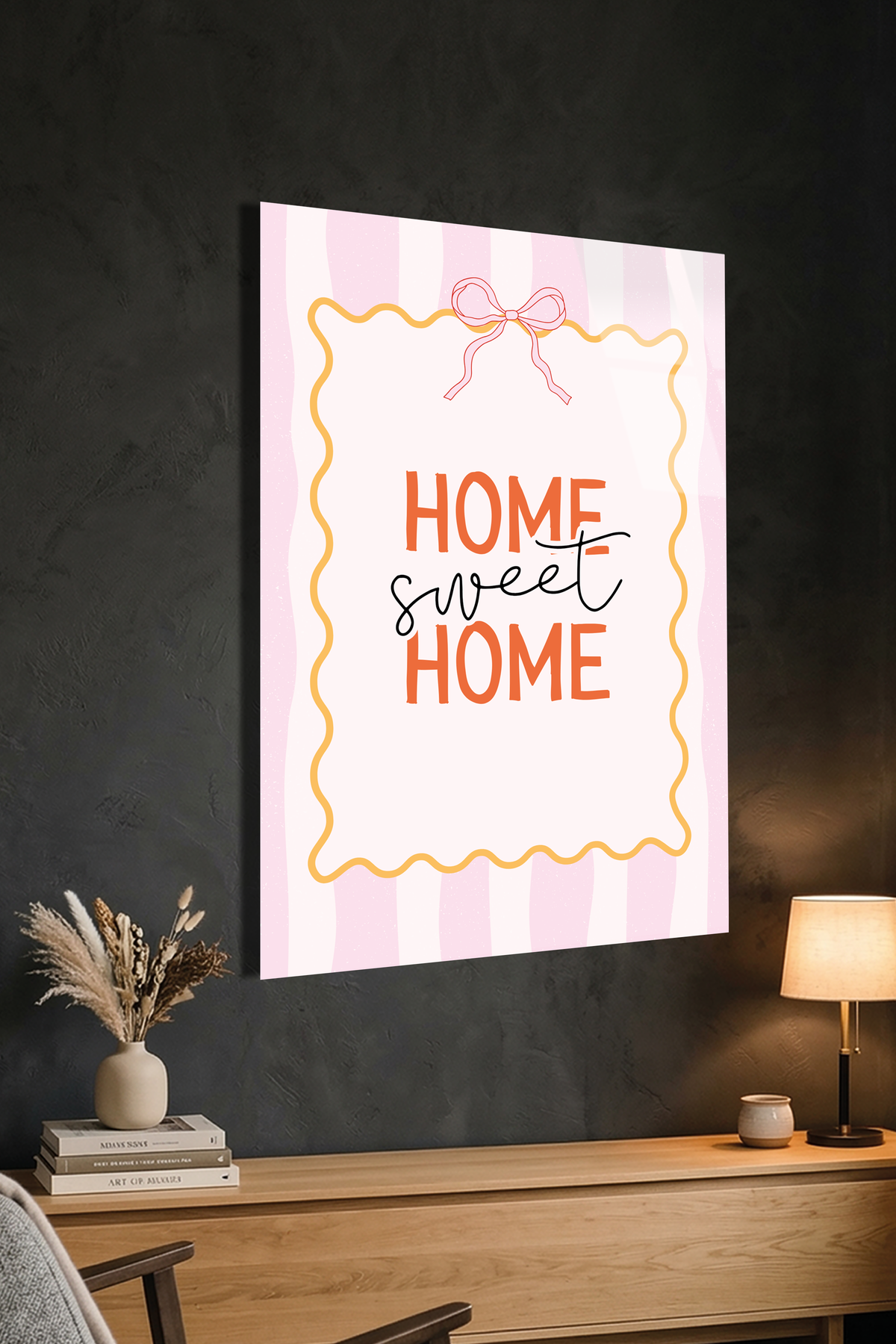 Sarı Pembe Çizgili "Home Sweet Home" Cam Tablo