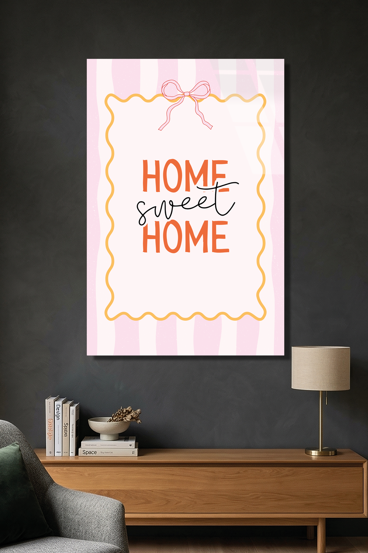 Sarı Pembe Çizgili "Home Sweet Home" Cam Tablo