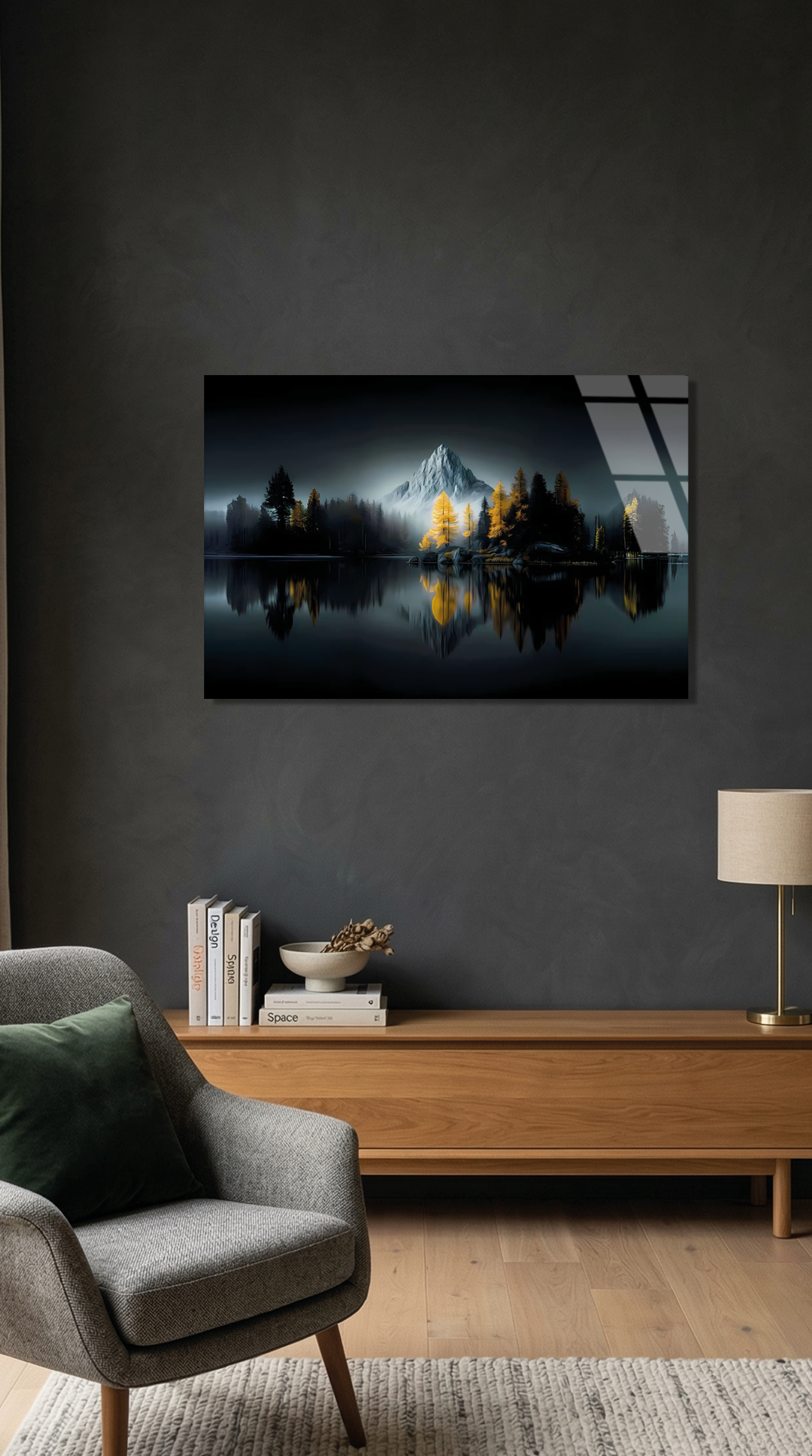 Sisli Dağlar ve Sarı Cam Ağaçları Göl Yansıması Cam Tablo