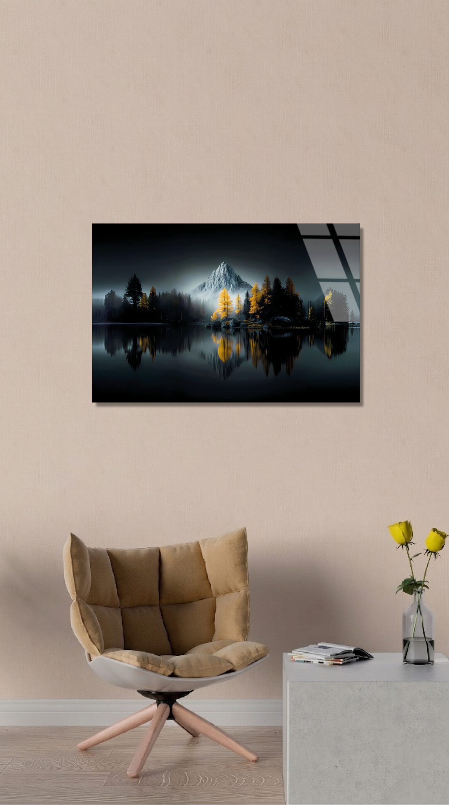 Sisli Dağlar ve Sarı Cam Ağaçları Göl Yansıması Cam Tablo