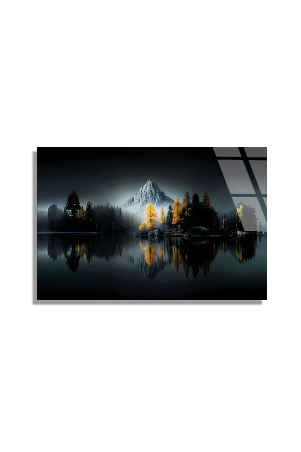 Sisli Dağlar ve Sarı Cam Ağaçları Göl Yansıması Cam Tablo