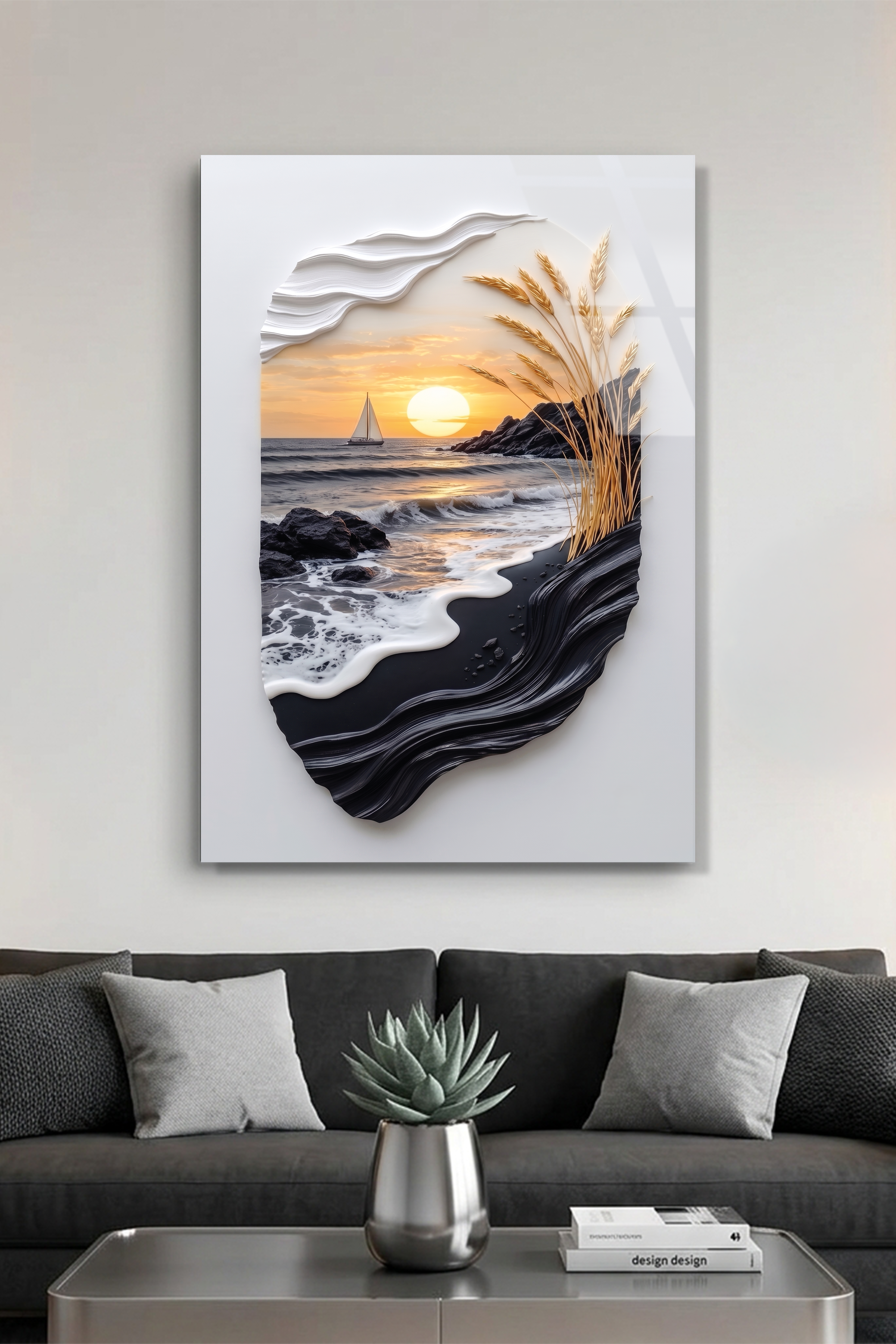 Siyah Kum Plajı Altın Başaklar ve Yelkenli Modern Sanat Cam Tablo