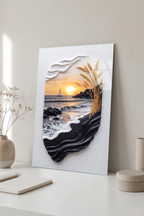 Siyah Kum Plajı Altın Başaklar ve Yelkenli Modern Sanat Cam Tablo