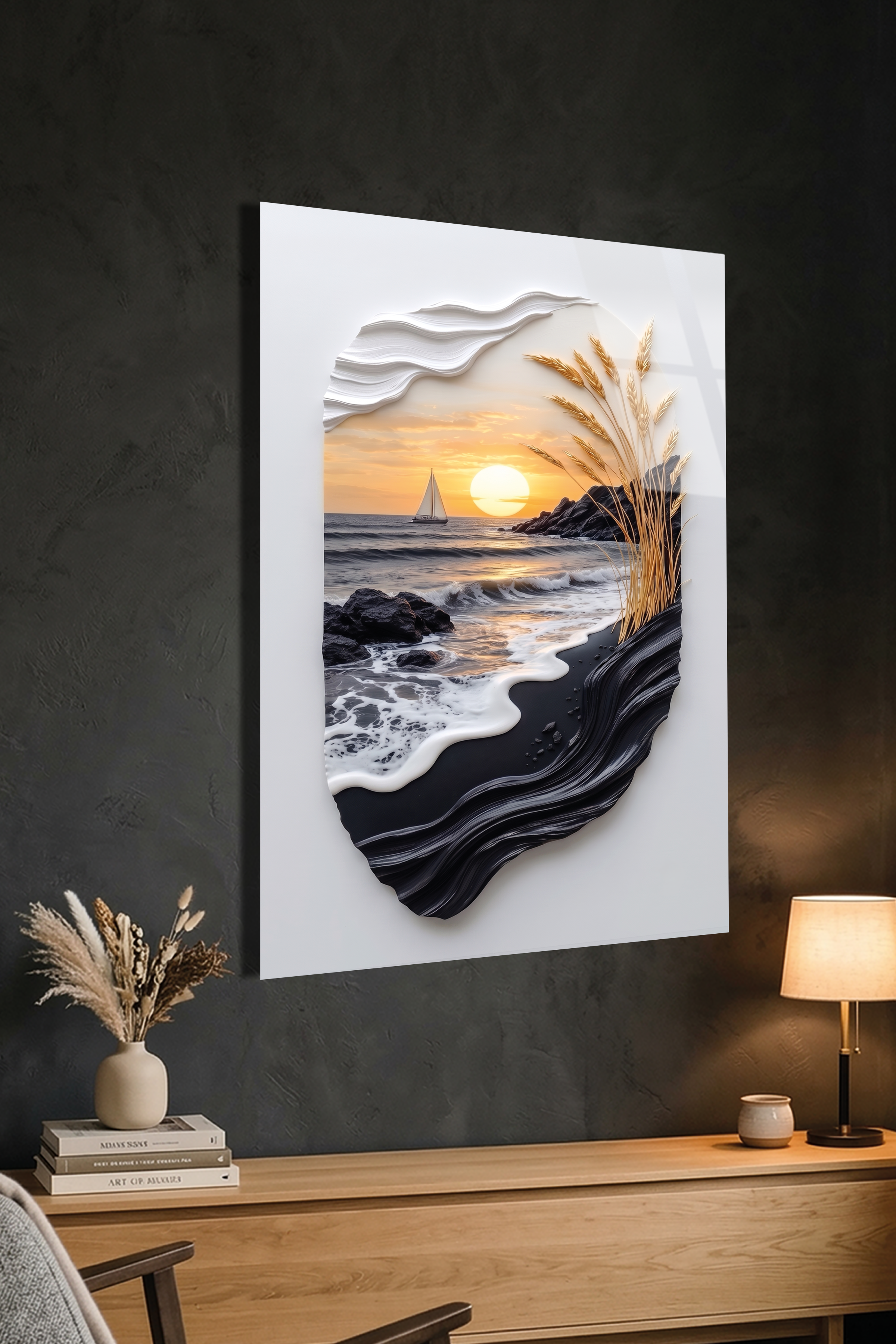Siyah Kum Plajı Altın Başaklar ve Yelkenli Modern Sanat Cam Tablo