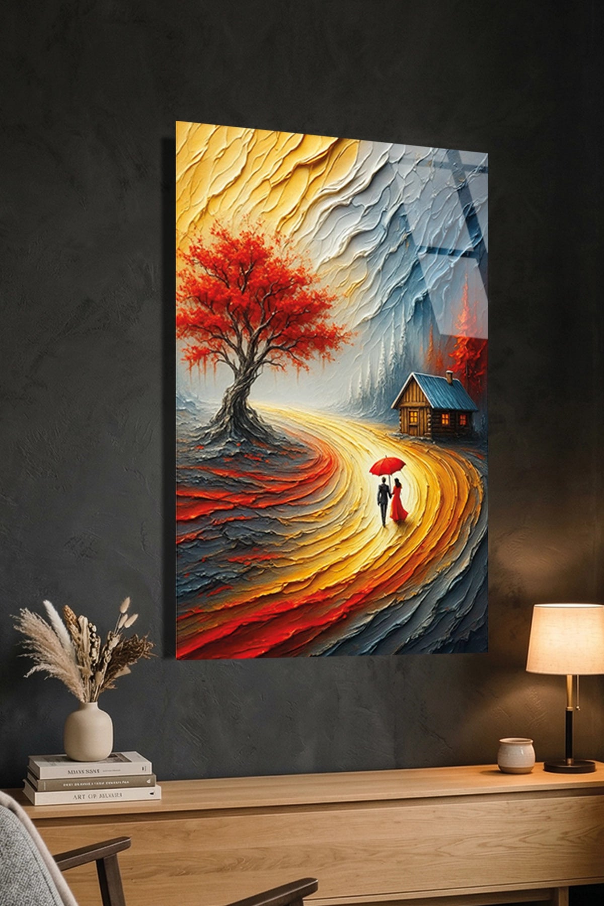 Sonbahar Temalı Kırmızı Ağaç ve Romantik Çift Manzaralı Cam Tablo