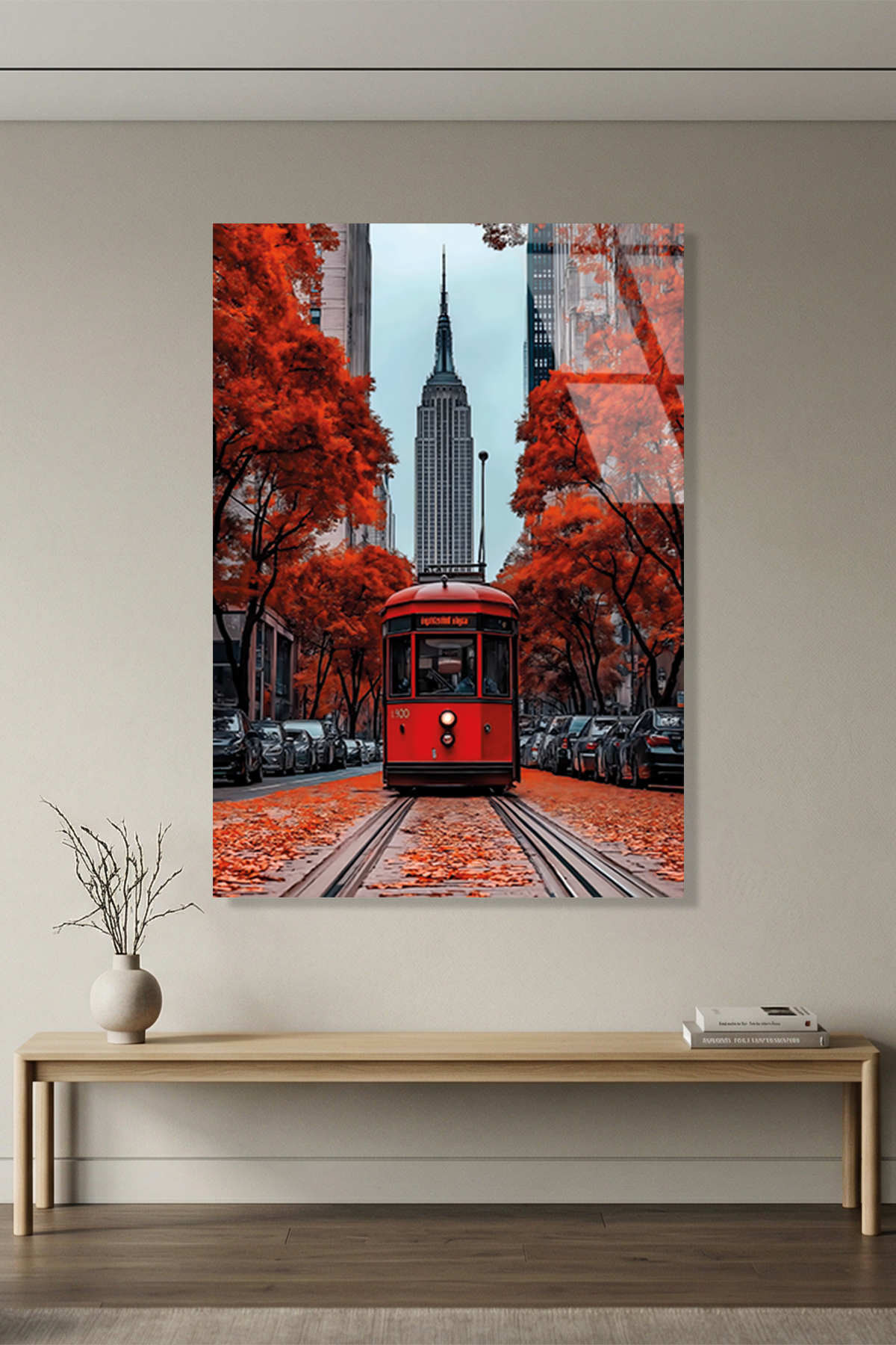 Sonbahar Temalı Şehirde Kırmızı Tramvay Cam Tablo