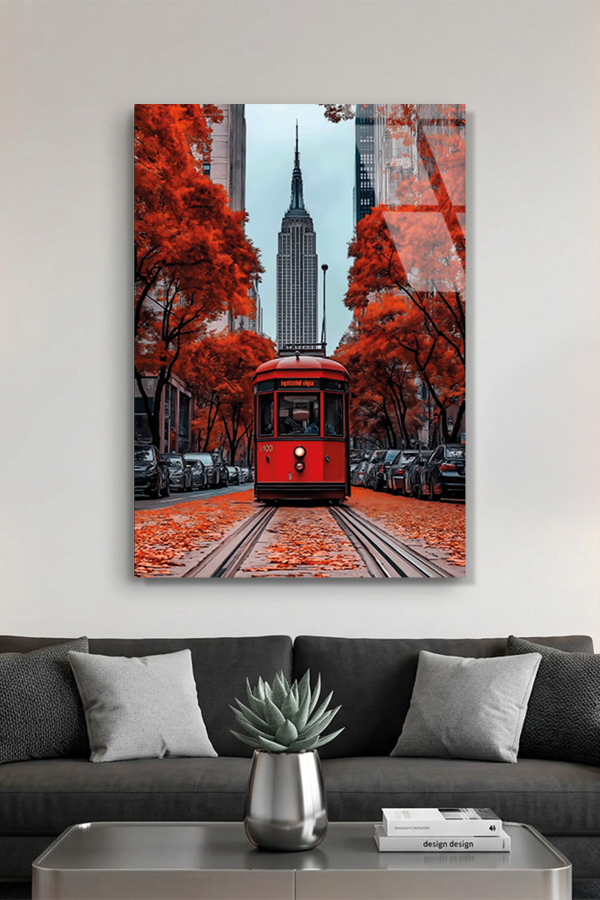 Sonbahar Temalı Şehirde Kırmızı Tramvay Cam Tablo