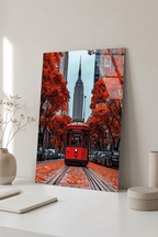 Sonbahar Temalı Şehirde Kırmızı Tramvay Cam Tablo