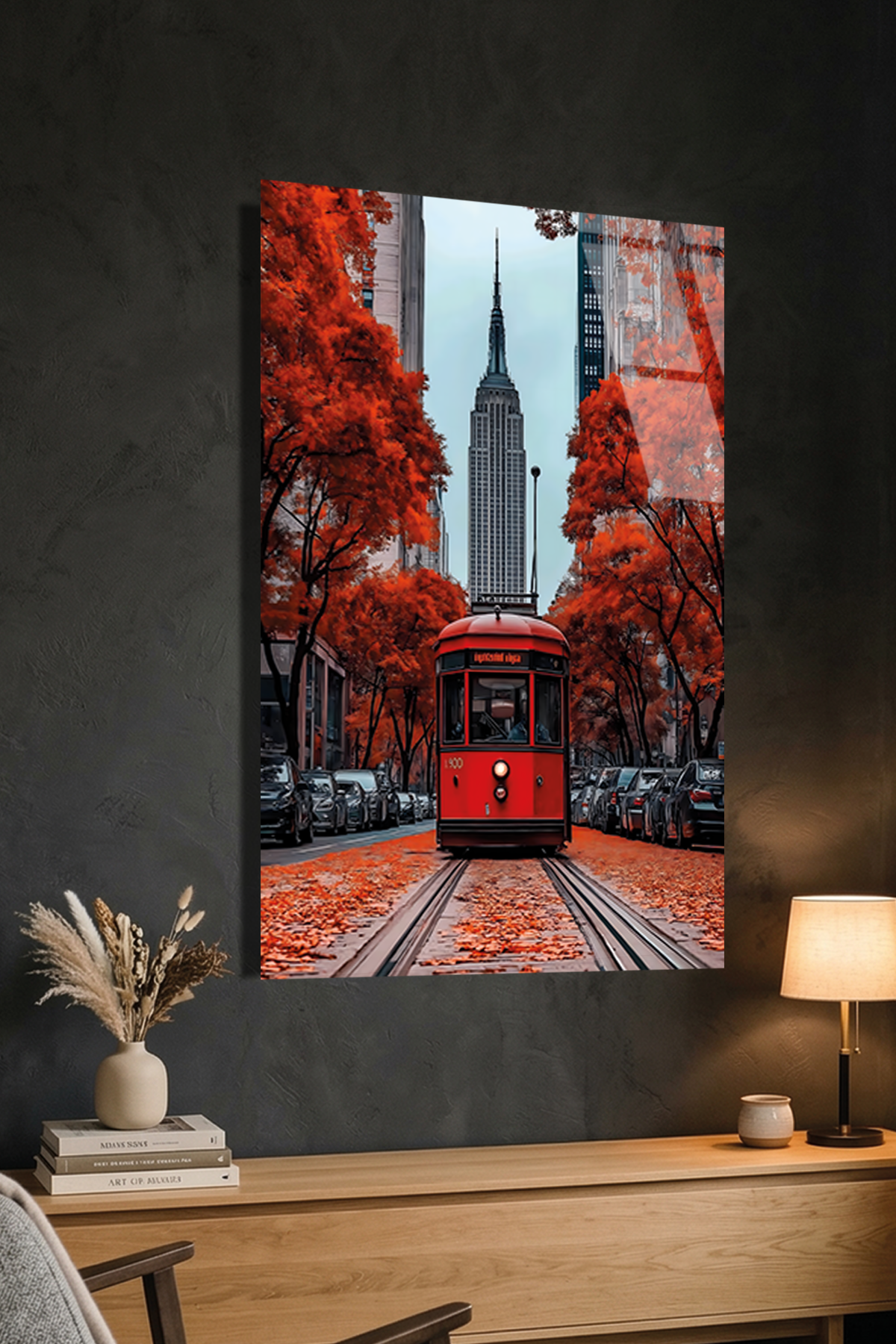 Sonbahar Temalı Şehirde Kırmızı Tramvay Cam Tablo