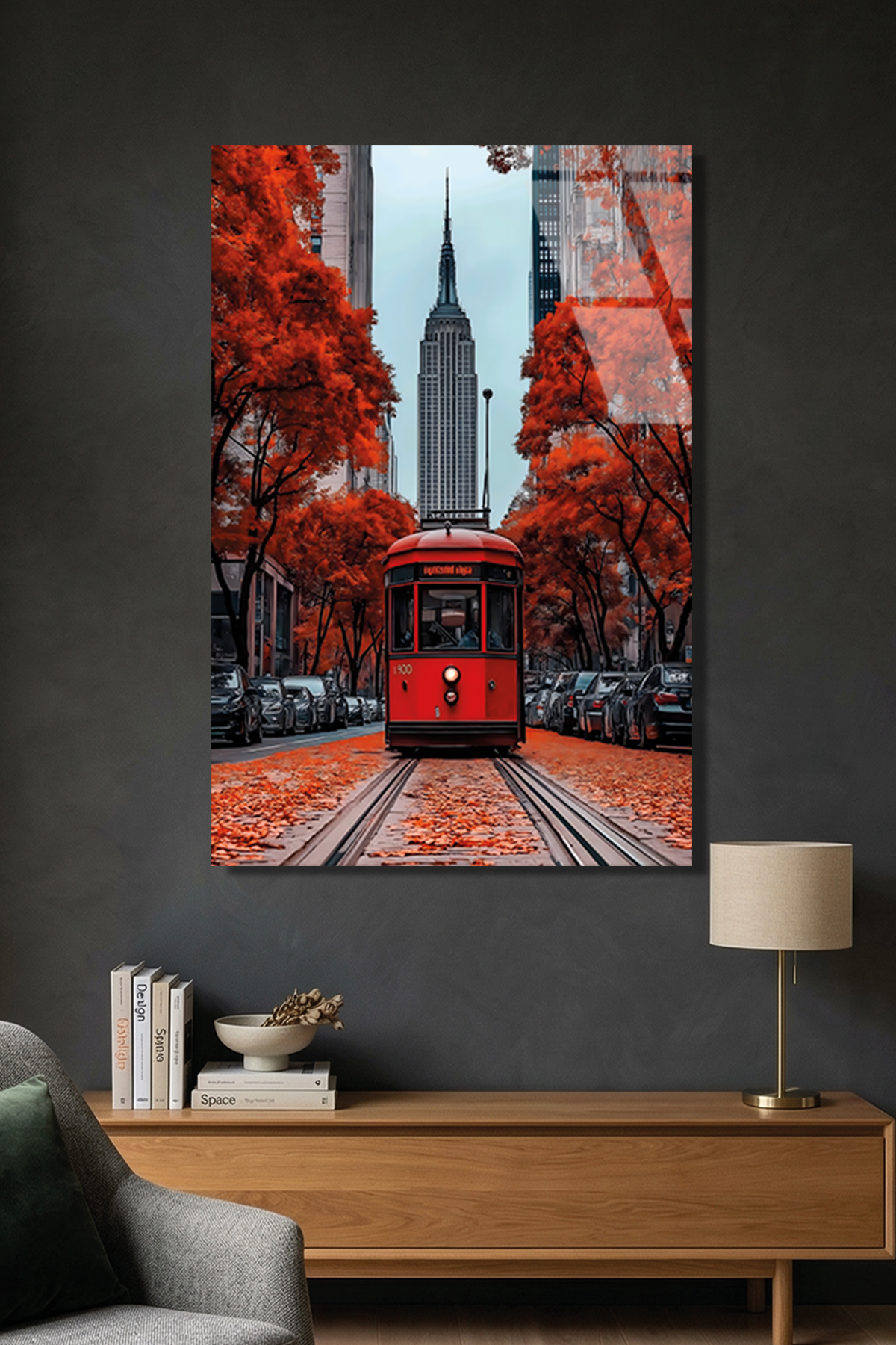 Sonbahar Temalı Şehirde Kırmızı Tramvay Cam Tablo