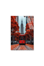 Sonbahar Temalı Şehirde Kırmızı Tramvay Cam Tablo