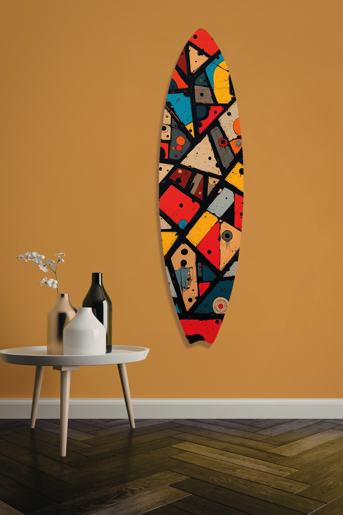 Soyut Geometrik Desenli Modern Sörf Tahtası Metal Tablo