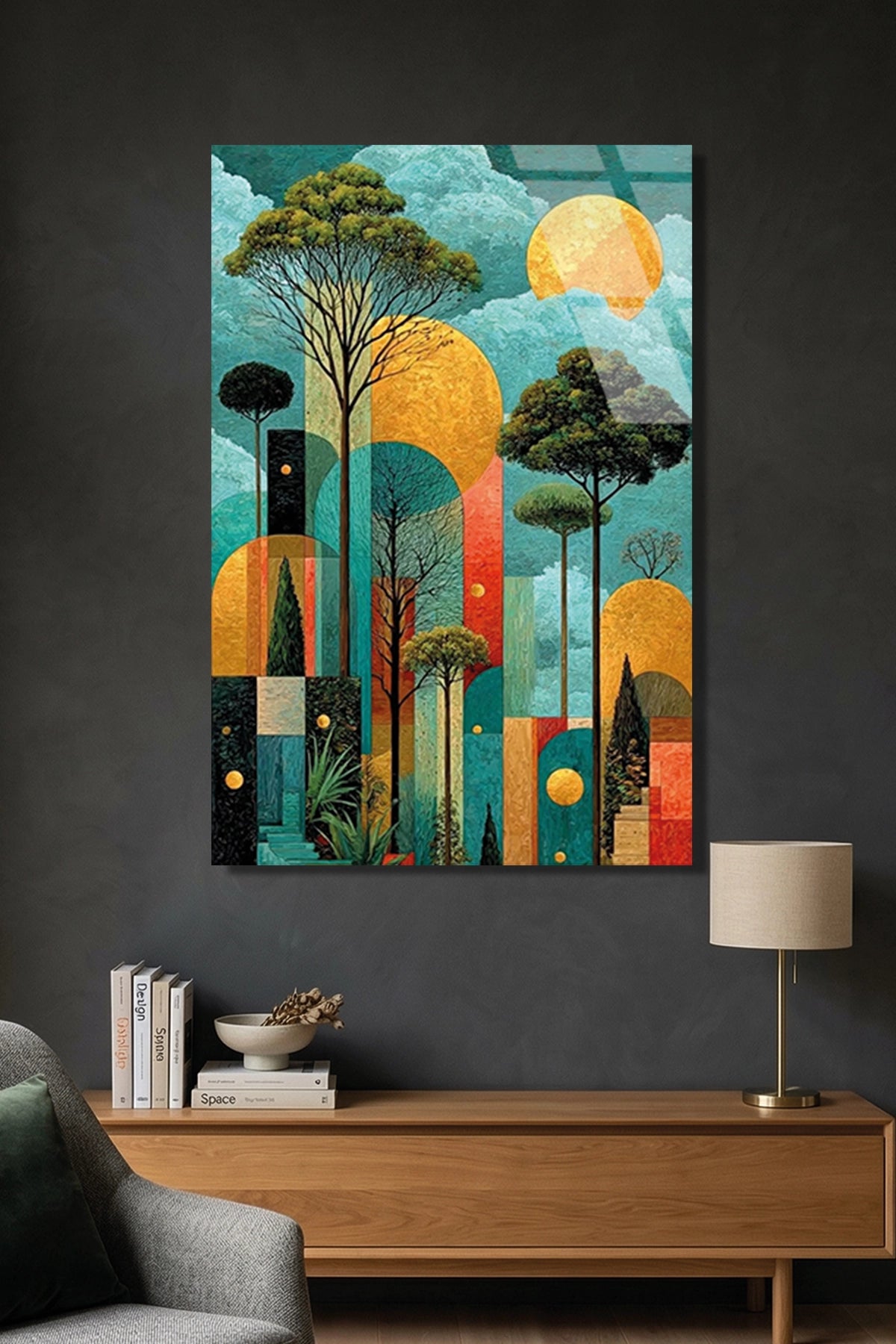Soyut ve Geometrik Tarzda Gün Batımı Orman Manzarası Cam Tablo