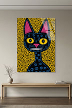 Soyut ve Modern Folk Art Tarzı Esnik Kara Kedi Cam Tablo