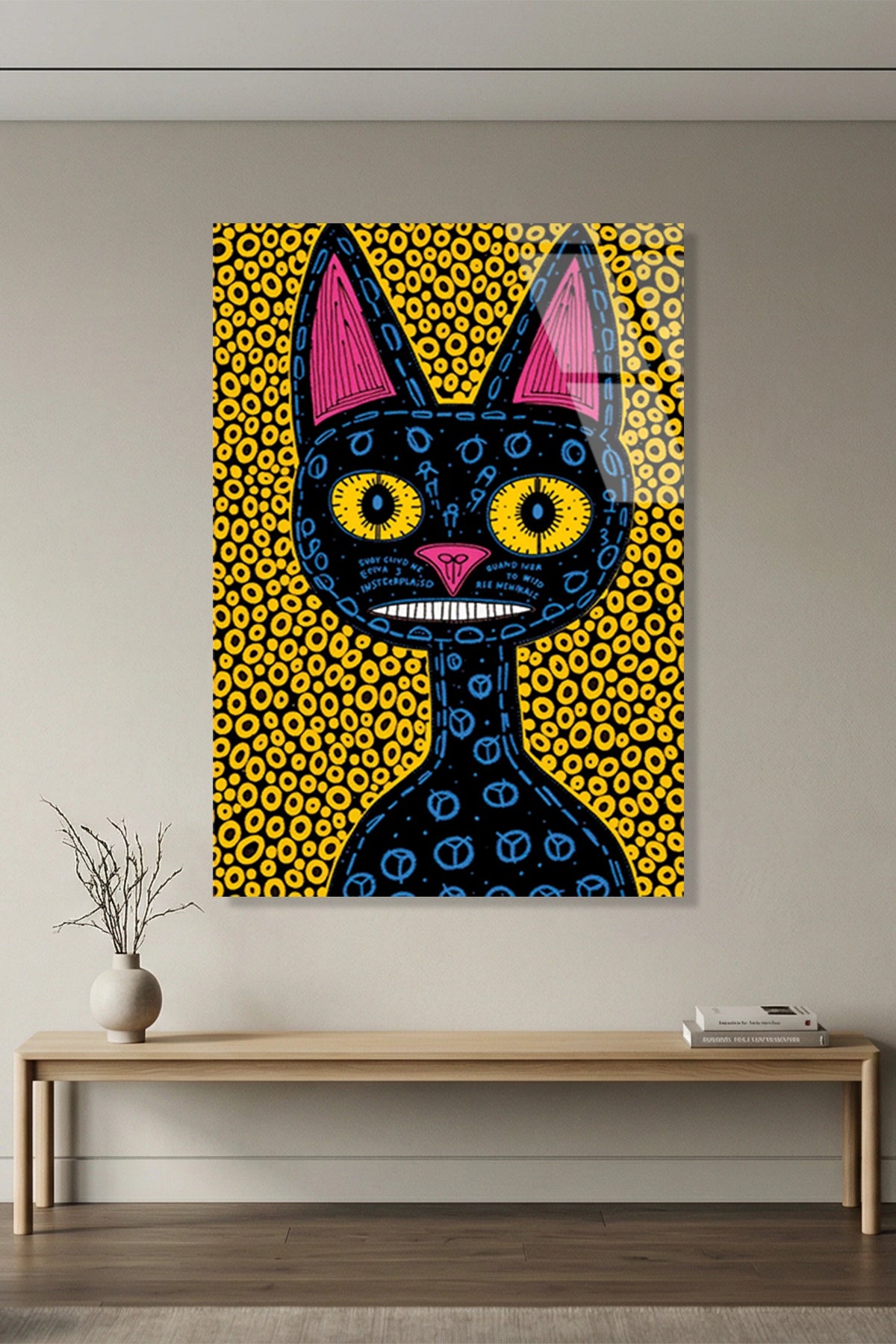 Soyut ve Modern Folk Art Tarzı Esnik Kara Kedi Cam Tablo