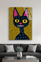 Soyut ve Modern Folk Art Tarzı Esnik Kara Kedi Cam Tablo